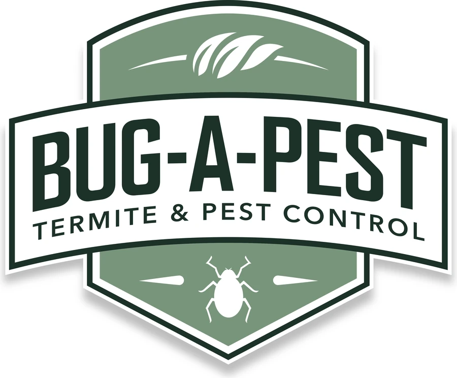 Bug-A-Pest Termite and Pest Control logo: a shield badge with leaves and a beetle in deep green