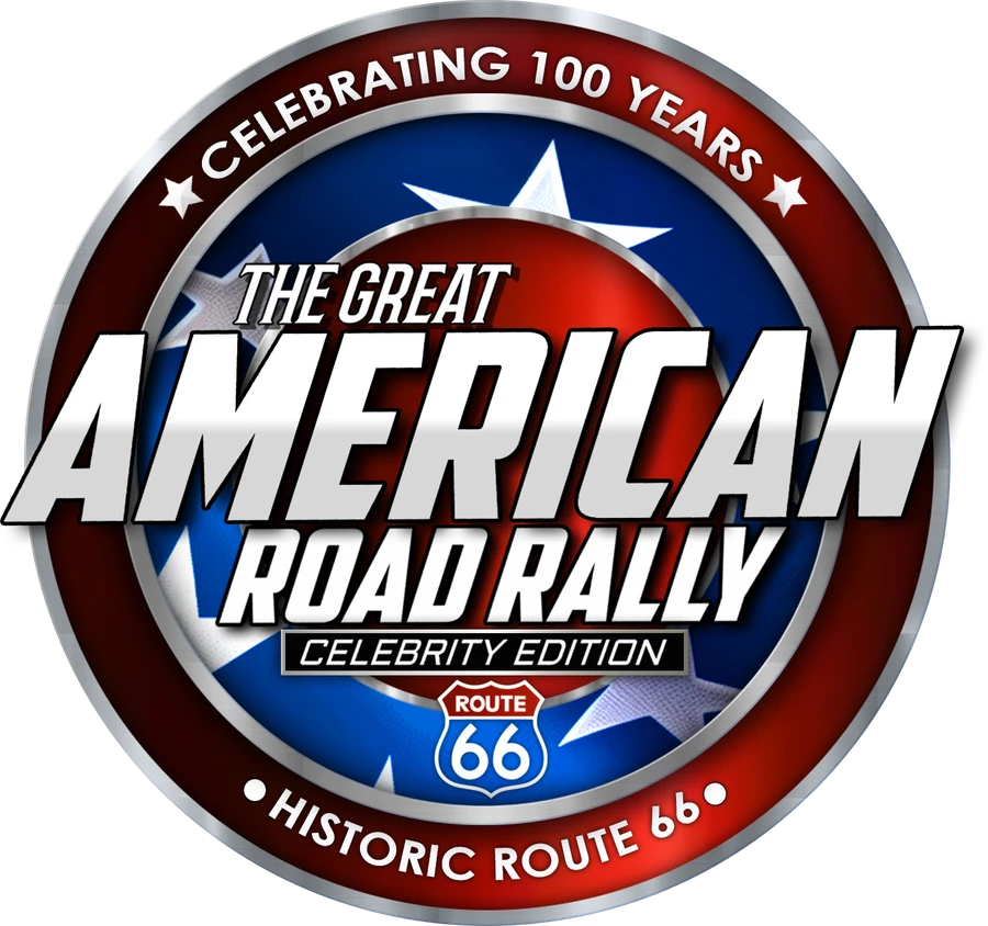 The Great American Road Rally Celebrity Edition emblem: a red, white and blue circular badge with a Route 66 shield