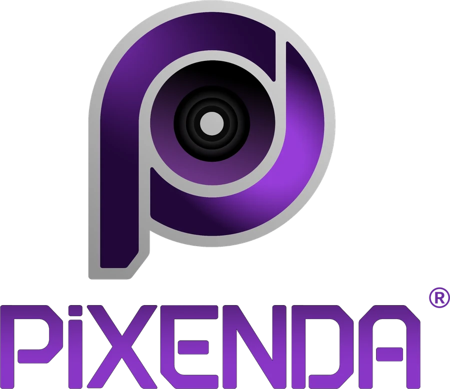 PiXENDA vertical logo: a purple lens-shaped P mark above the PiXENDA wordmark