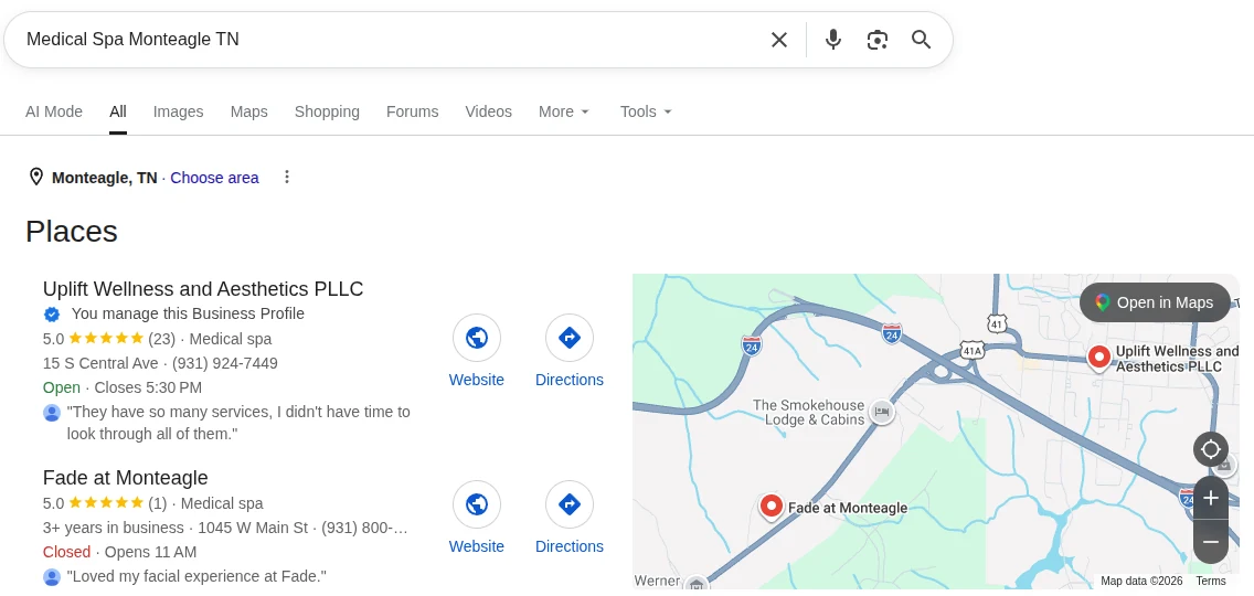 Google results for medical spa Monteagle TN: Uplift Wellness and Aesthetics listed first in the Places pack with a 5.0 rating from 23 reviews, marked as a profile we manage